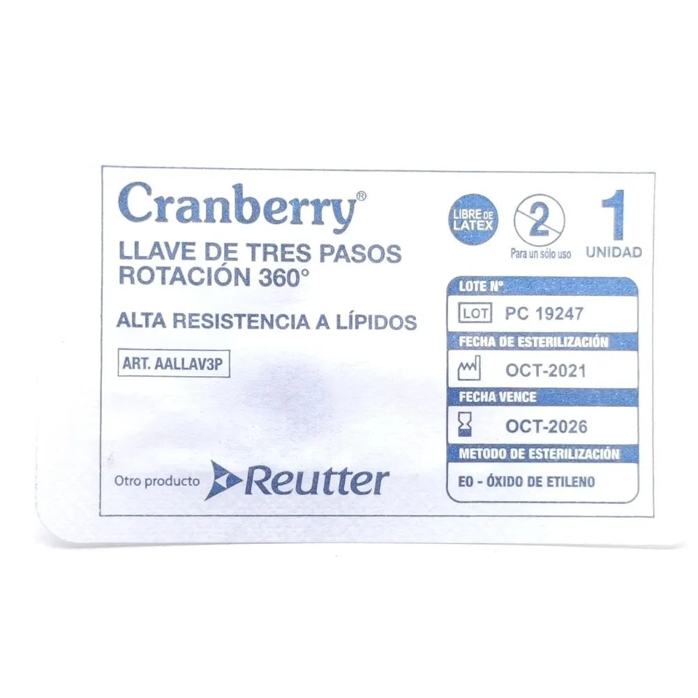 Llave de 3 pasos Cranberry con rotación 360°, envase frontal estéril