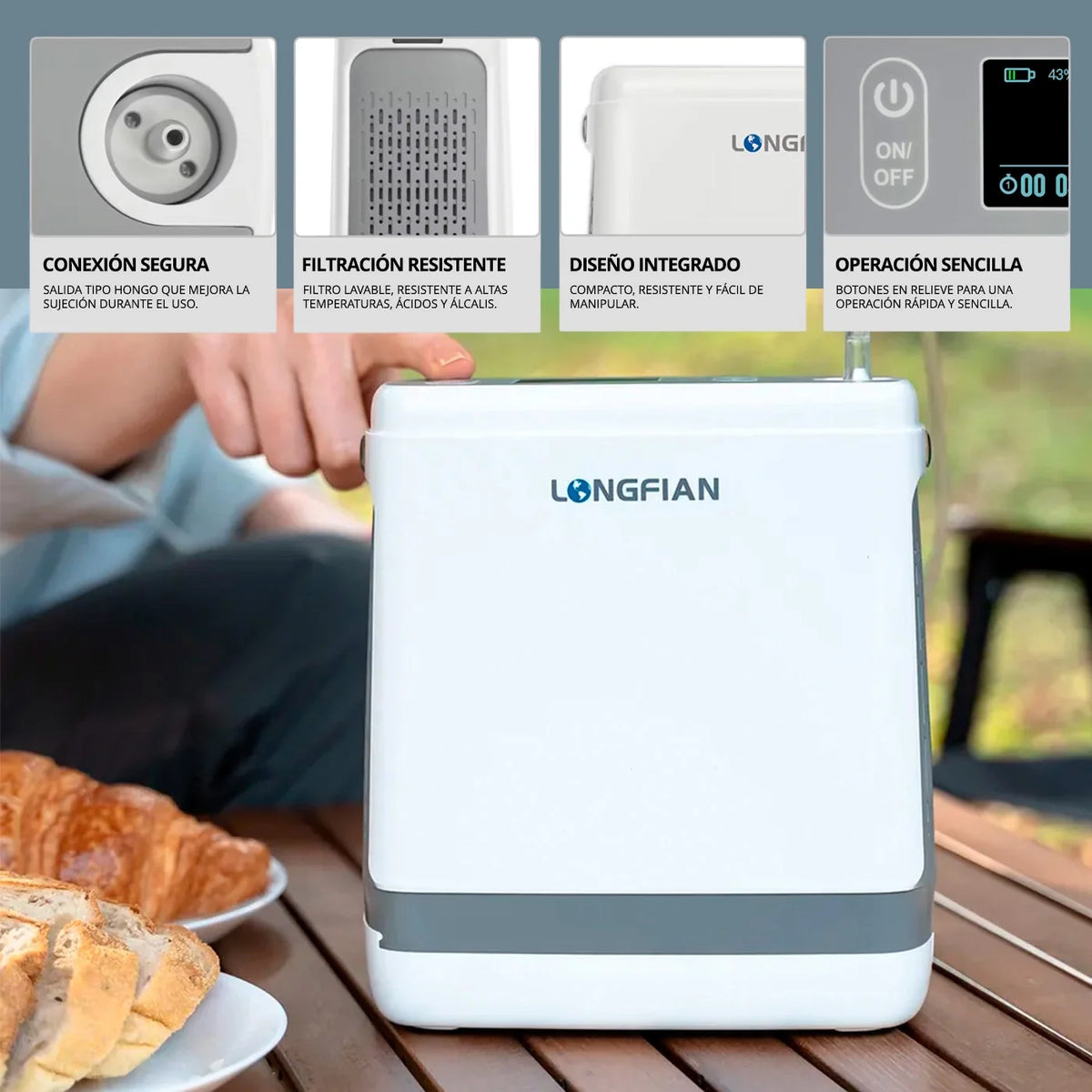Longfian JAY1000P con 5 niveles de flujo pulsado para oxigenoterapia portátil