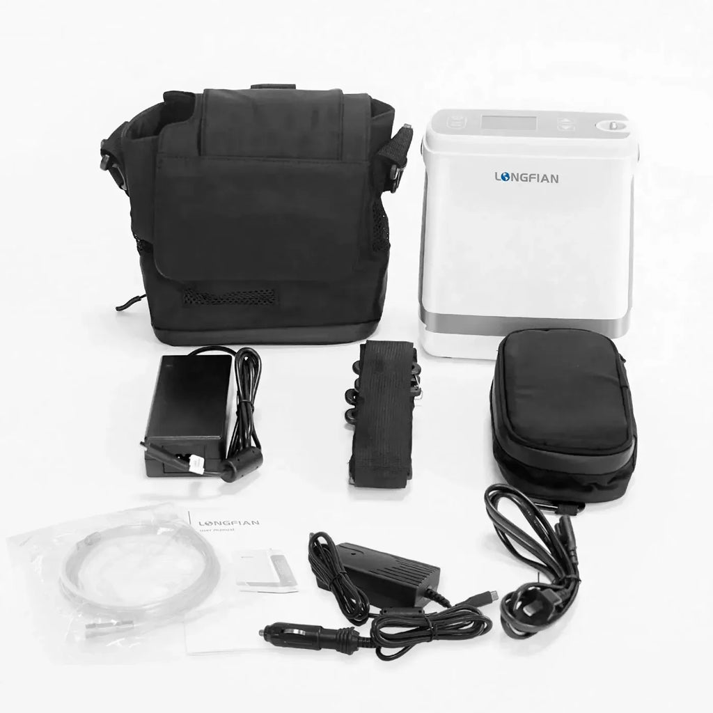 Accesorios incluidos del concentrador de oxígeno portátil Longfian JAY1000P: batería, cánula nasal, bolsa de transporte, adaptadores y cables de alimentación.