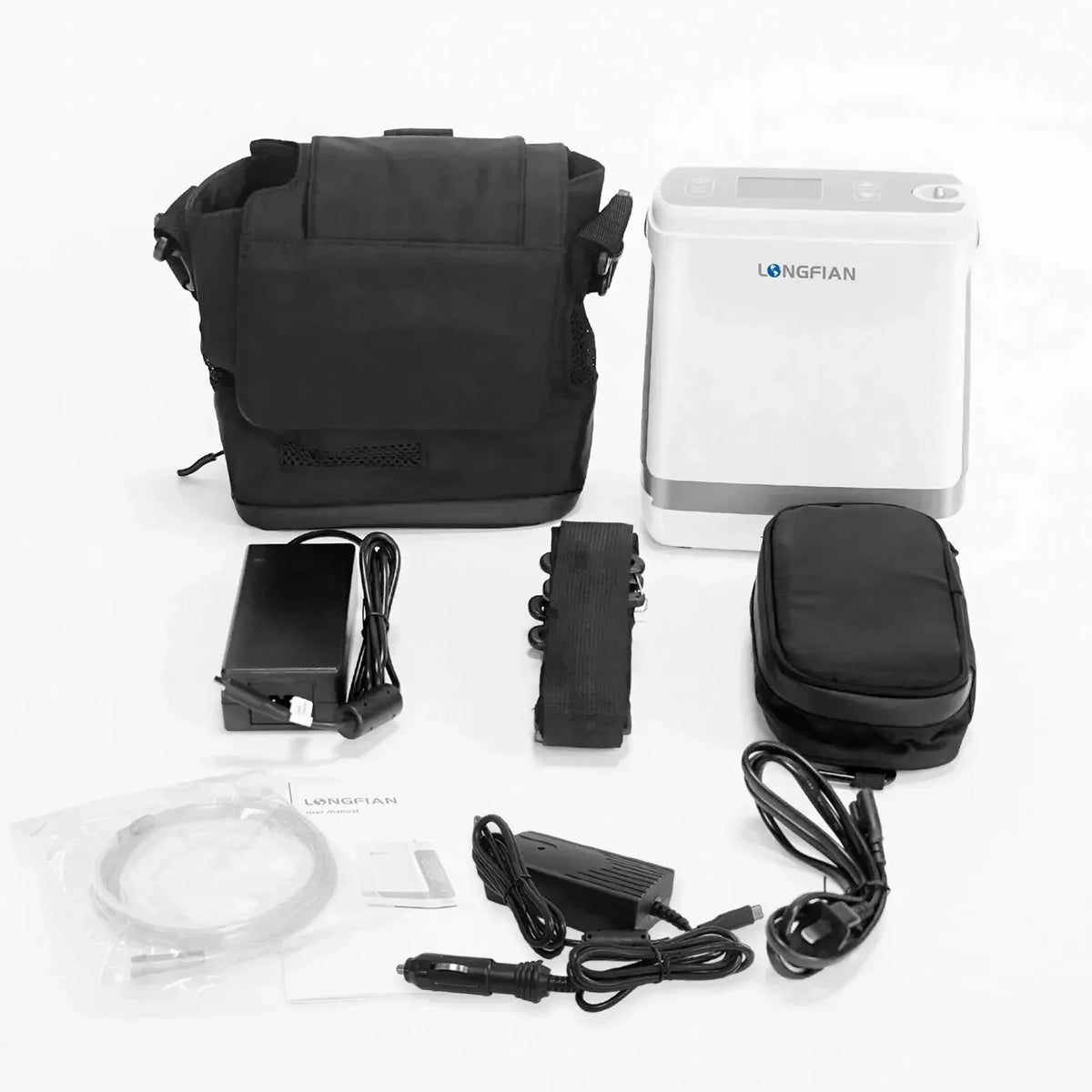 Accesorios incluidos del concentrador de oxígeno portátil Longfian JAY1000P: batería, cánula nasal, bolsa de transporte, adaptadores y cables de alimentación.