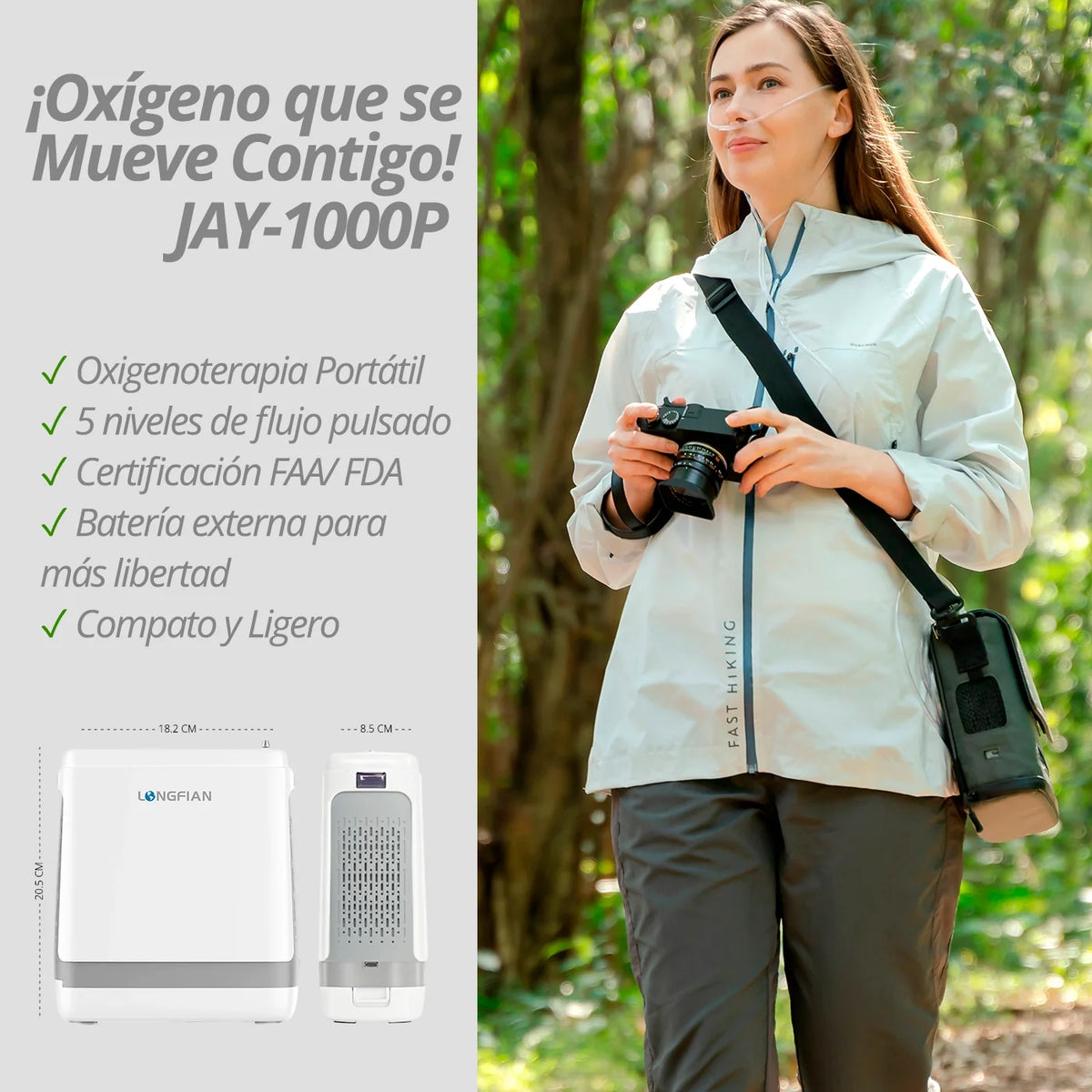 Longfian JAY1000P para oxigenoterapia portátil durante actividades cotidianas