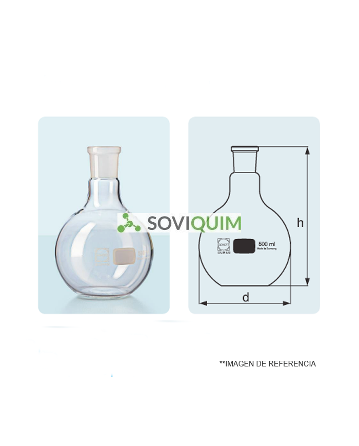 Matraz balon f/plano. esmerilado central Volumen 500 ml. NS 24/29