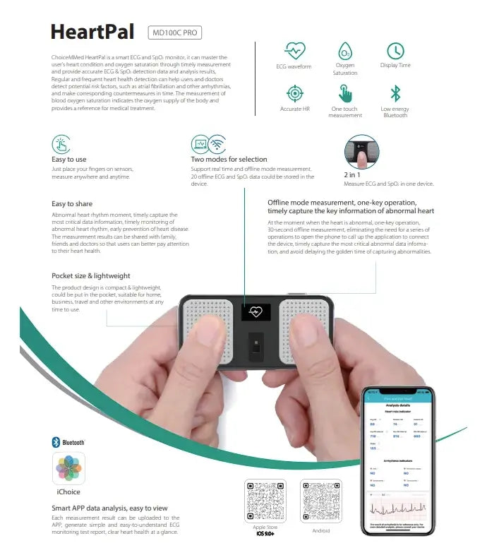 Ficha técnica ChoiceMMed HeartPal MD100C — ECG portátil, Bluetooth, detección arritmias, app iChoice