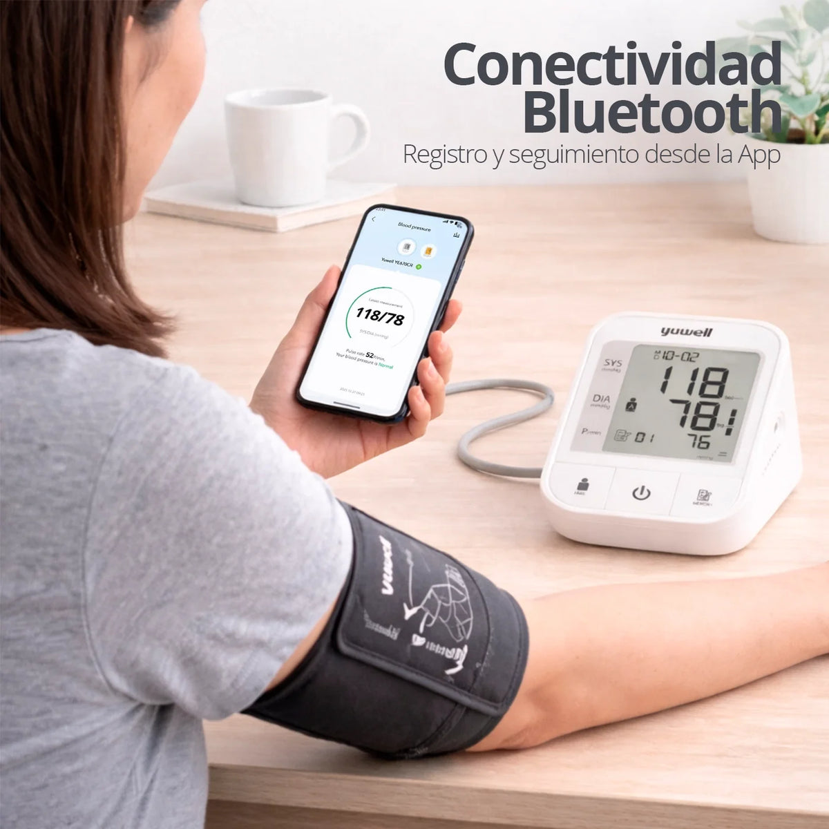 Tensiómetro Bluetooth Yuwell YE670CR con sincronización de resultados en smartphone