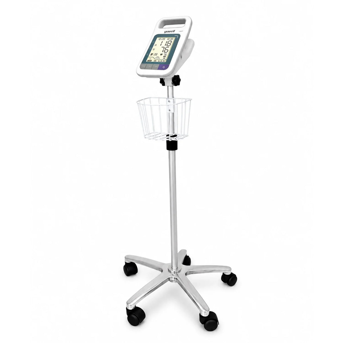 Tensiómetro digital Yuwell YE680E sobre pedestal clínico con canastillo, fotografía tipo estudio en fondo blanco.