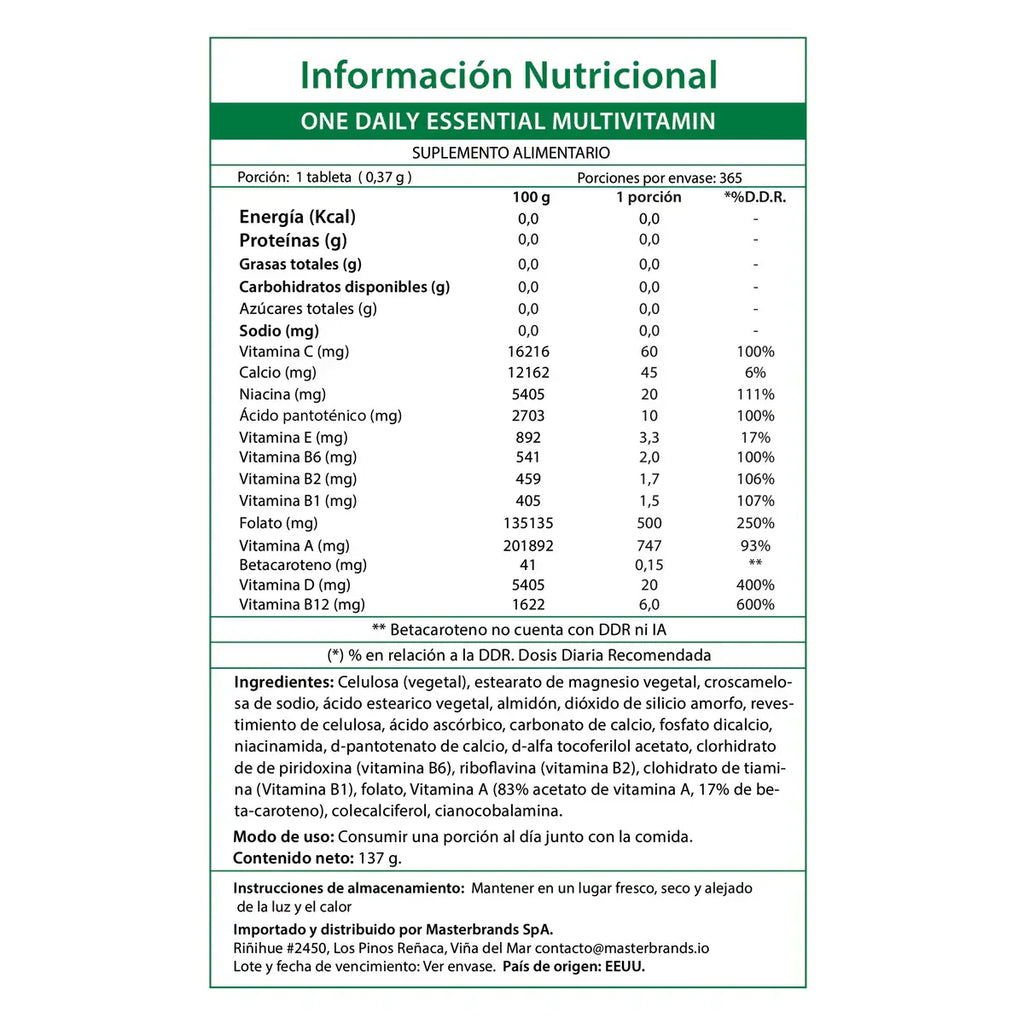 Multivitamínico One Daily 365 mini tablets VALUE SIZE - High Potency 1 año completo energía huesos inmune Chile