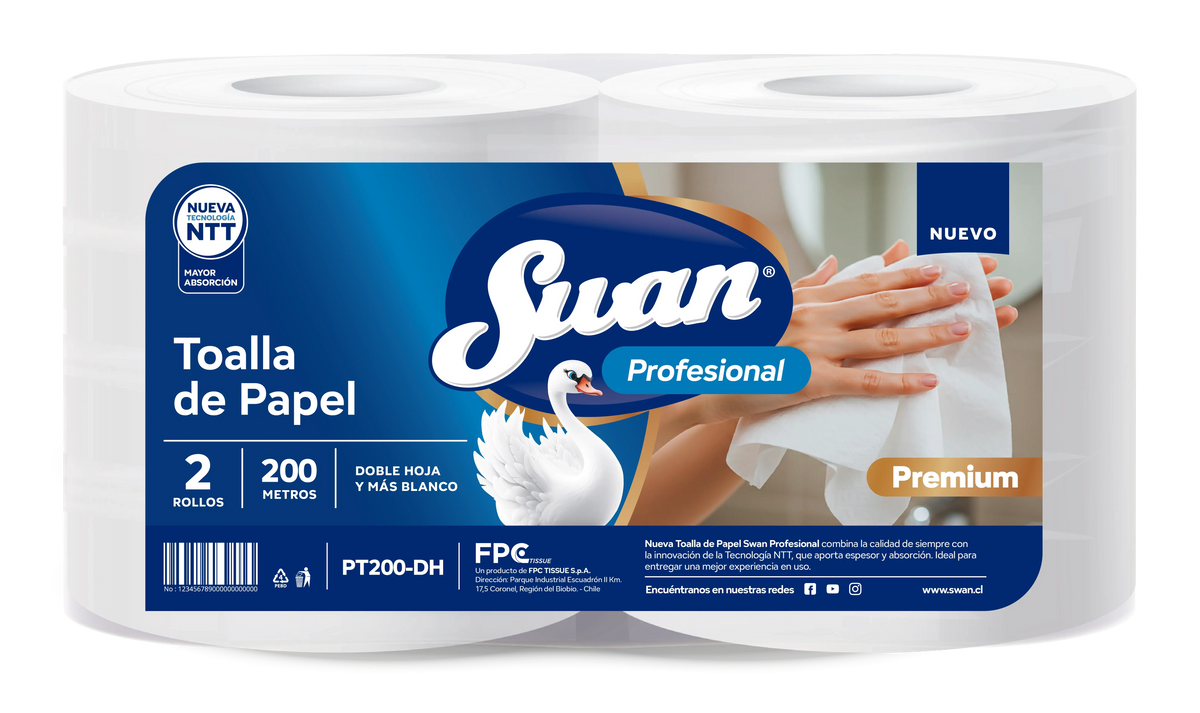 Toalla de Papel Swan Profesional Premium 2 Rollos 200 m Doble Hoja - Imagen 1