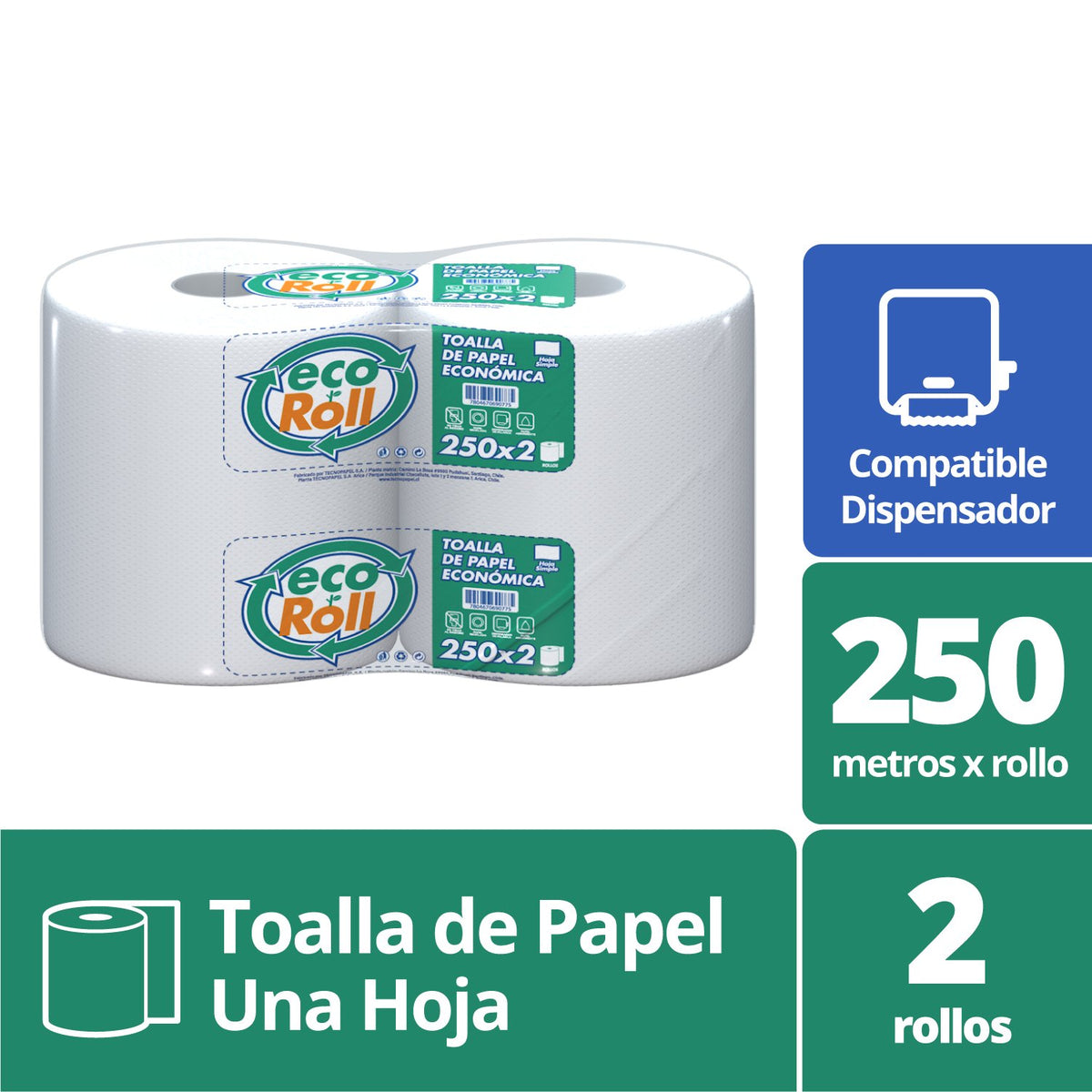 Toalla de Papel Ecoroll Económica 2 Rollos 250 m Hoja Simple - Imagen 2