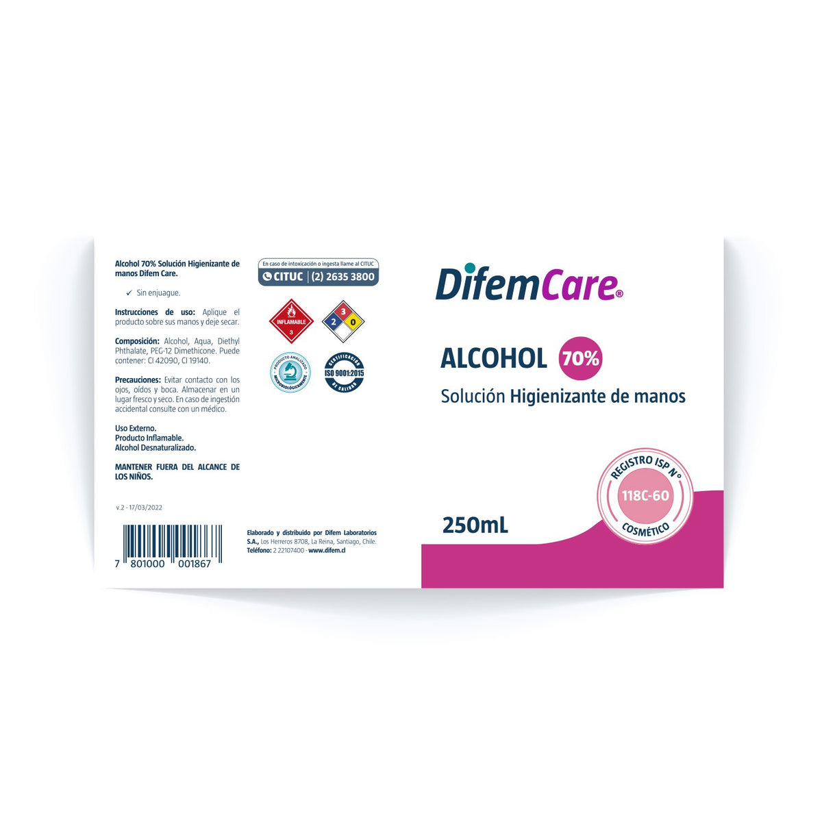 Alcohol Desnaturalizado Difem Care Higienizante de Manos 70% 250 ml - Imagen 2
