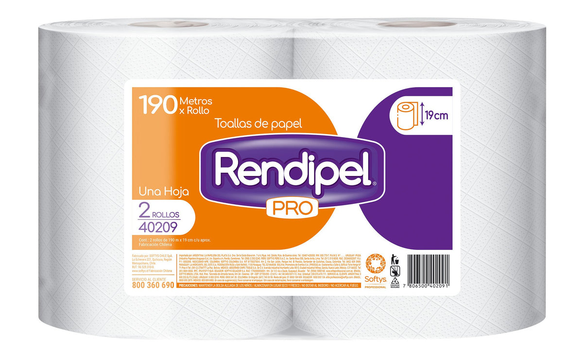 Toalla de Papel Rendipel Pro 2 Rollos 190 m Hoja Simple - Imagen 1