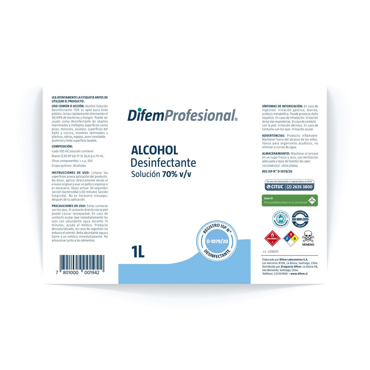 Alcohol Desinfectante Difem Profesional 70% 1 L - Imagen 2