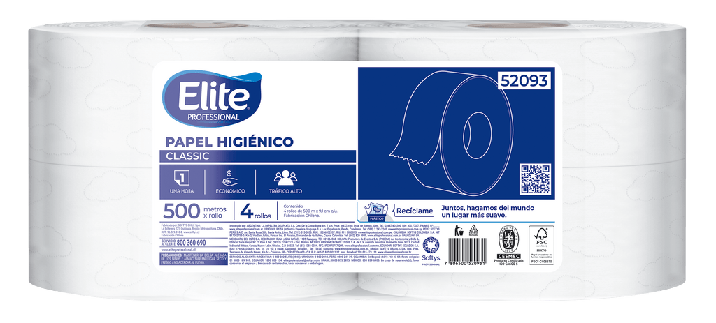 Papel Higiénico Elite Classic Hoja Simple 4 Rollos 500 m - Imagen 1