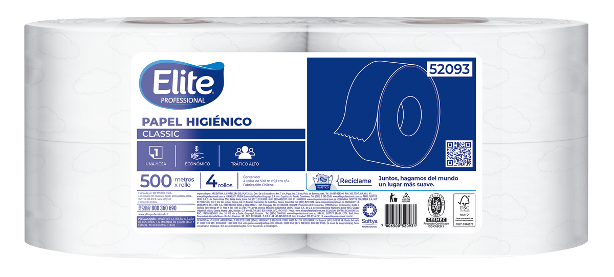 Papel Higiénico Elite Classic Hoja Simple 4 Rollos 500 m - Imagen 1