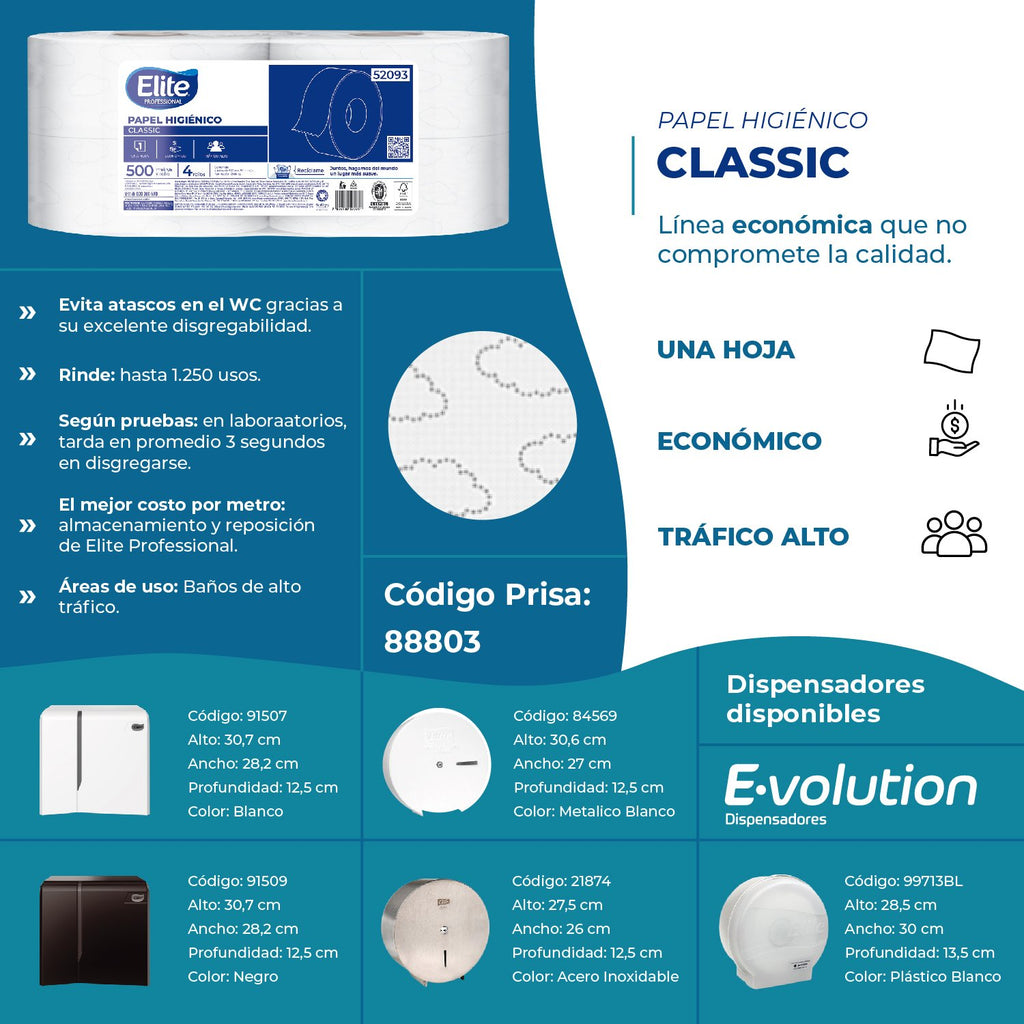 Papel Higiénico Elite Classic Hoja Simple 4 Rollos 500 m - Imagen 3