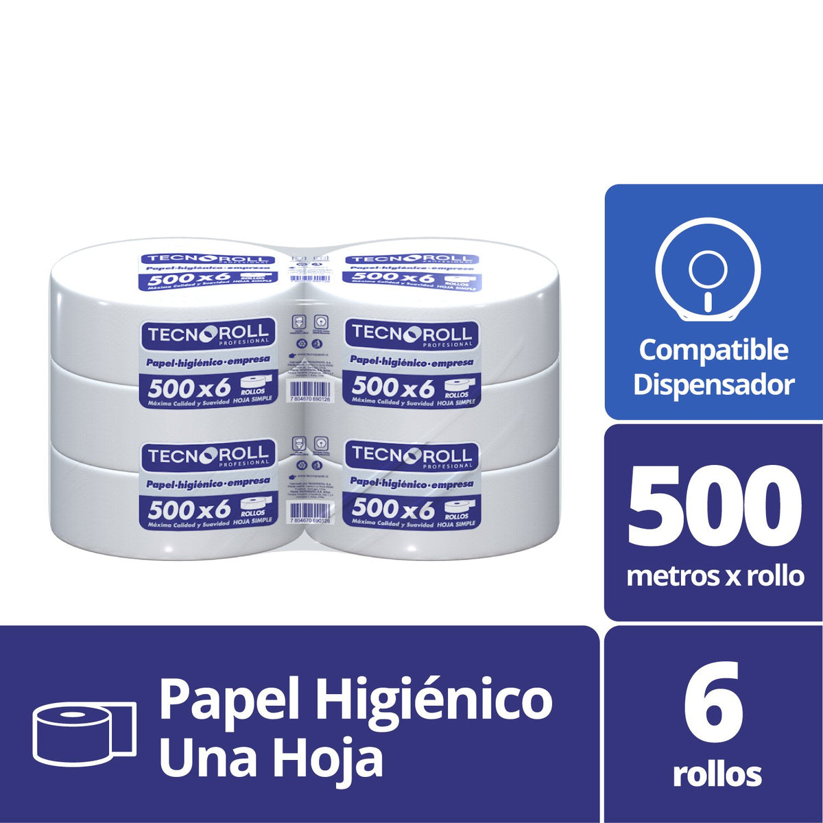 Papel Higiénico Tecnoroll Hoja Simple 6 Rollos 500 m - Imagen 2