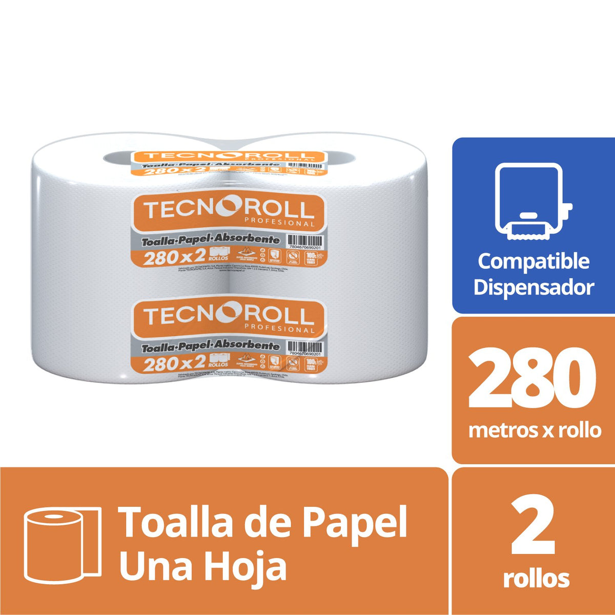 Toalla de Papel Tecnoroll Jumbo 2 Rollos 280 m Hoja Simple - Imagen 2