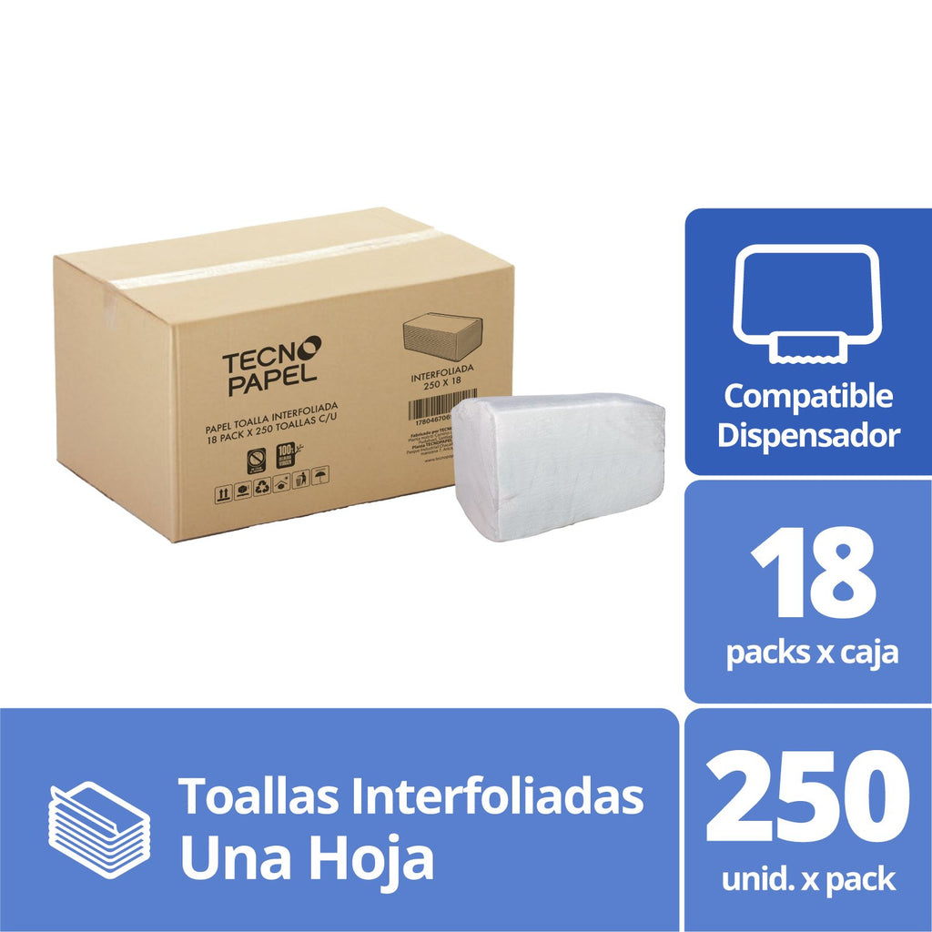 Toalla de Papel Tecnoroll Interfoliada Hoja Simple 18 Paquetes de 250 Unidades - Imagen 2