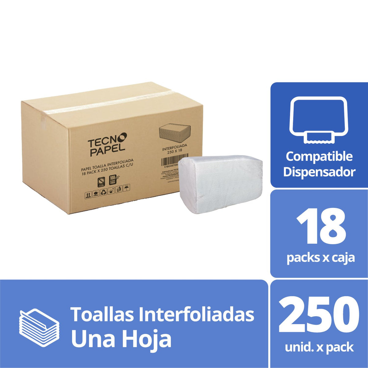 Toalla de Papel Tecnoroll Interfoliada Hoja Simple 18 Paquetes de 250 Unidades - Imagen 2
