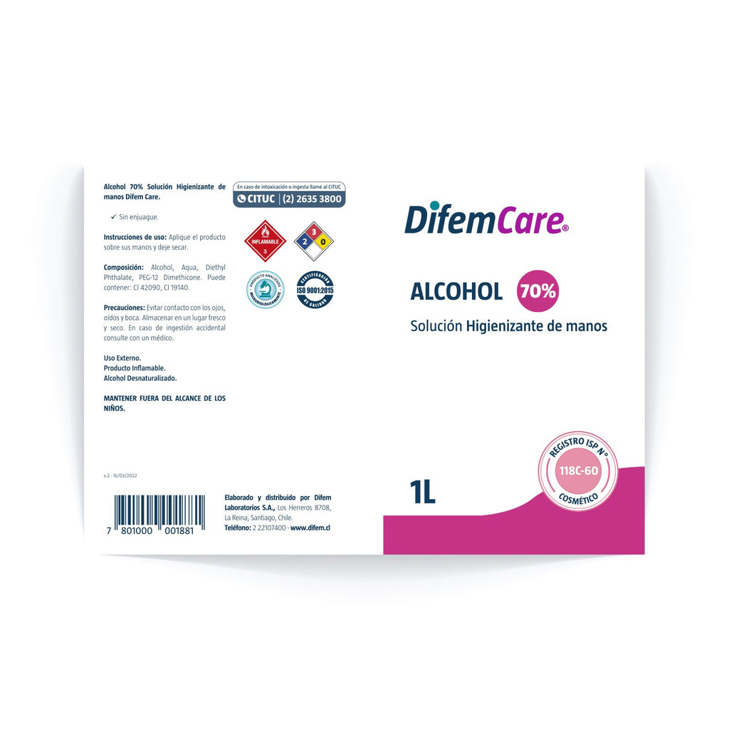 Alcohol Desnaturalizado Difem Care Higienizante de Manos 70% 1 L - Imagen 2