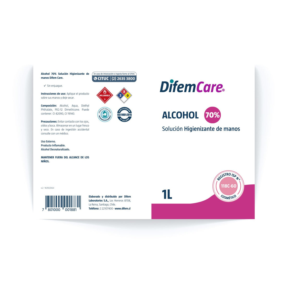 Alcohol Desnaturalizado Difem Care Higienizante de Manos 70% 1 L - Imagen 2