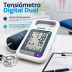 Infografía del tensiómetro Yuwell YE680E Dual destacando medición automática y auscultación manual.