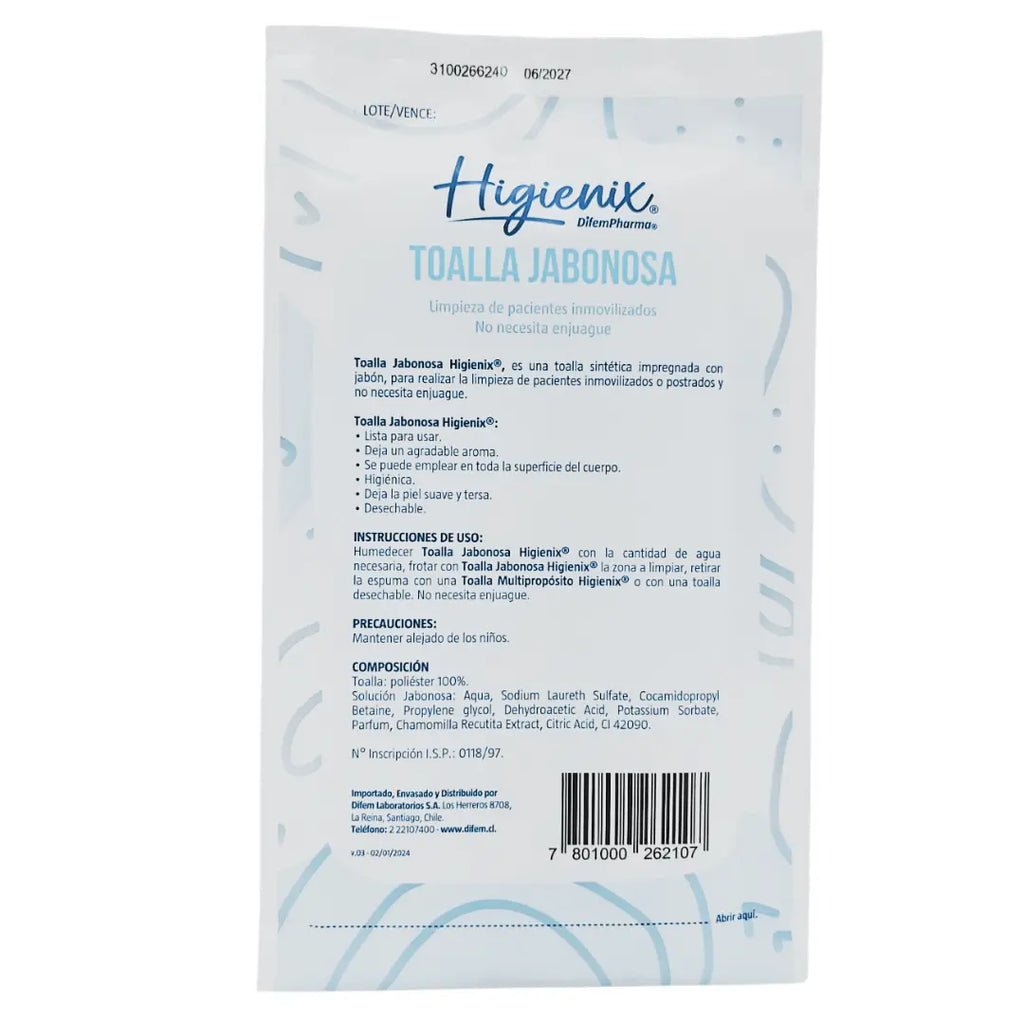 Reverso sobre toalla jabonosa Higienix DifemPharma — instrucciones de uso y composición pH neutro sin alcohol
