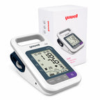 Tensiómetro digital Yuwell YE680E Dual con pantalla LCD y caja original en fondo blanco tipo estudio.