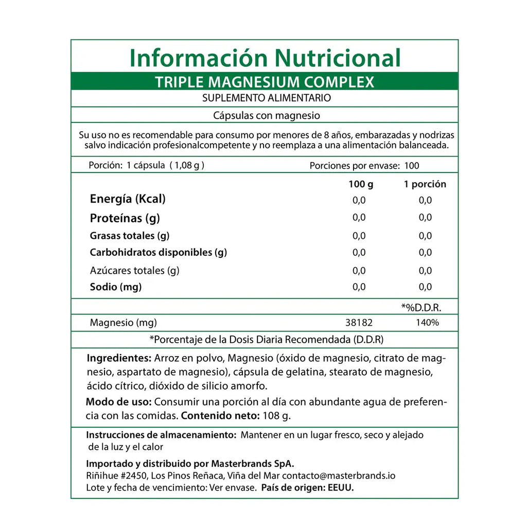 Información nutricional Triple Magnesio Chile - 420mg 140% DDR óxido citrato aspartato 100 porciones