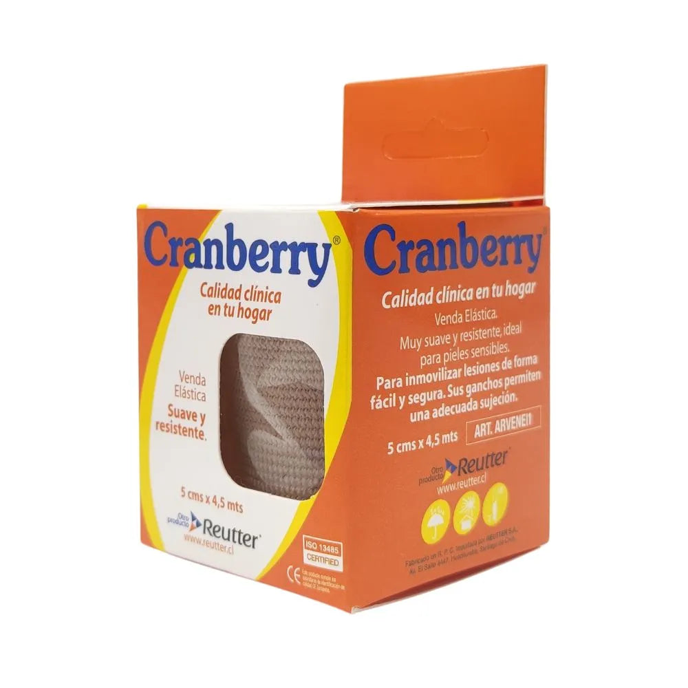 Venda elástica Cranberry 5 cm x 4,5 m, vista lateral del empaque con detalles del producto
