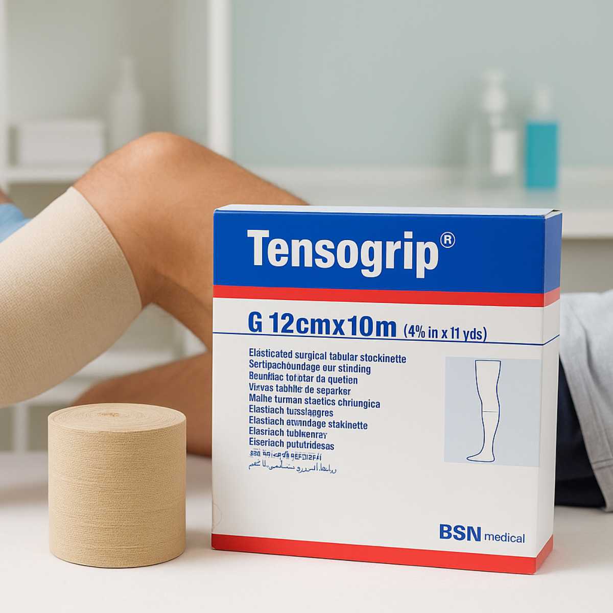 Venda tubular Tensogrip aplicado en pierna — compresión suave post-traumática BSN Medical